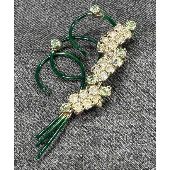 Vintage Enamel Brooch with Light Green and Clear Rhinestones - Picture 3 of 8